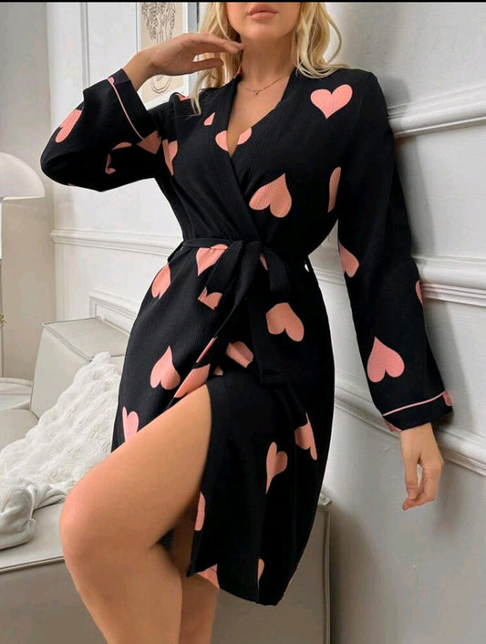 Women's thin bathrobe with pink hearts