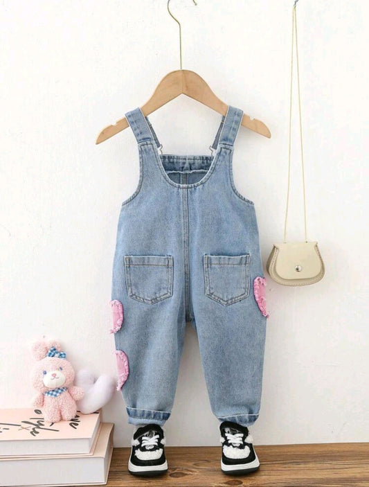 Denim jumpsuit for girls with pink hearts (6 months - 3 years) 💕👖
