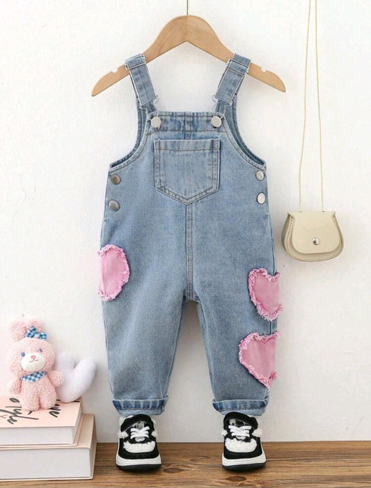 Denim jumpsuit for girls with pink hearts (6 months - 3 years) 💕👖
