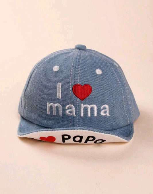 Denim hat for children with the inscription "I 💖 Mama / I 💖 Papa" (1-3 years) 🧢👶