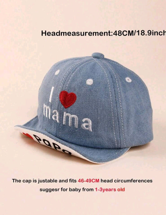 Denim hat for children with the inscription "I 💖 Mama / I 💖 Papa" (1-3 years) 🧢👶