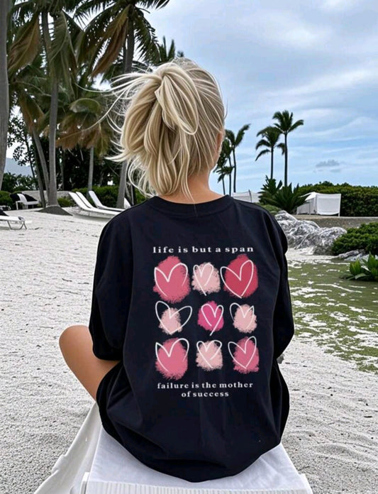 Black T-shirt for girls with hearts and an inspirational message (6-14 years) 🖤💬