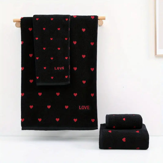 4-piece black love-themed cotton towel set