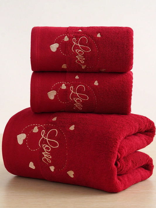 Luxurious red towel set with "Love" embroidery