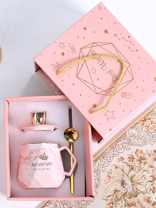 Gift set: marble pattern royal mug with lid, spoon and box
