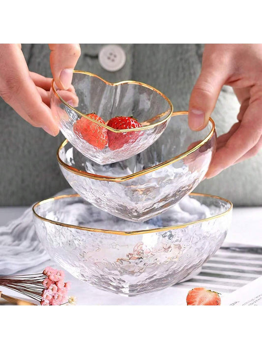 💎 Set of heart-shaped glass bowls with gold rim