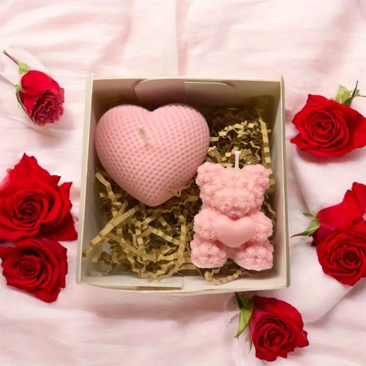 2-piece teddy bear and heart-shaped candle set