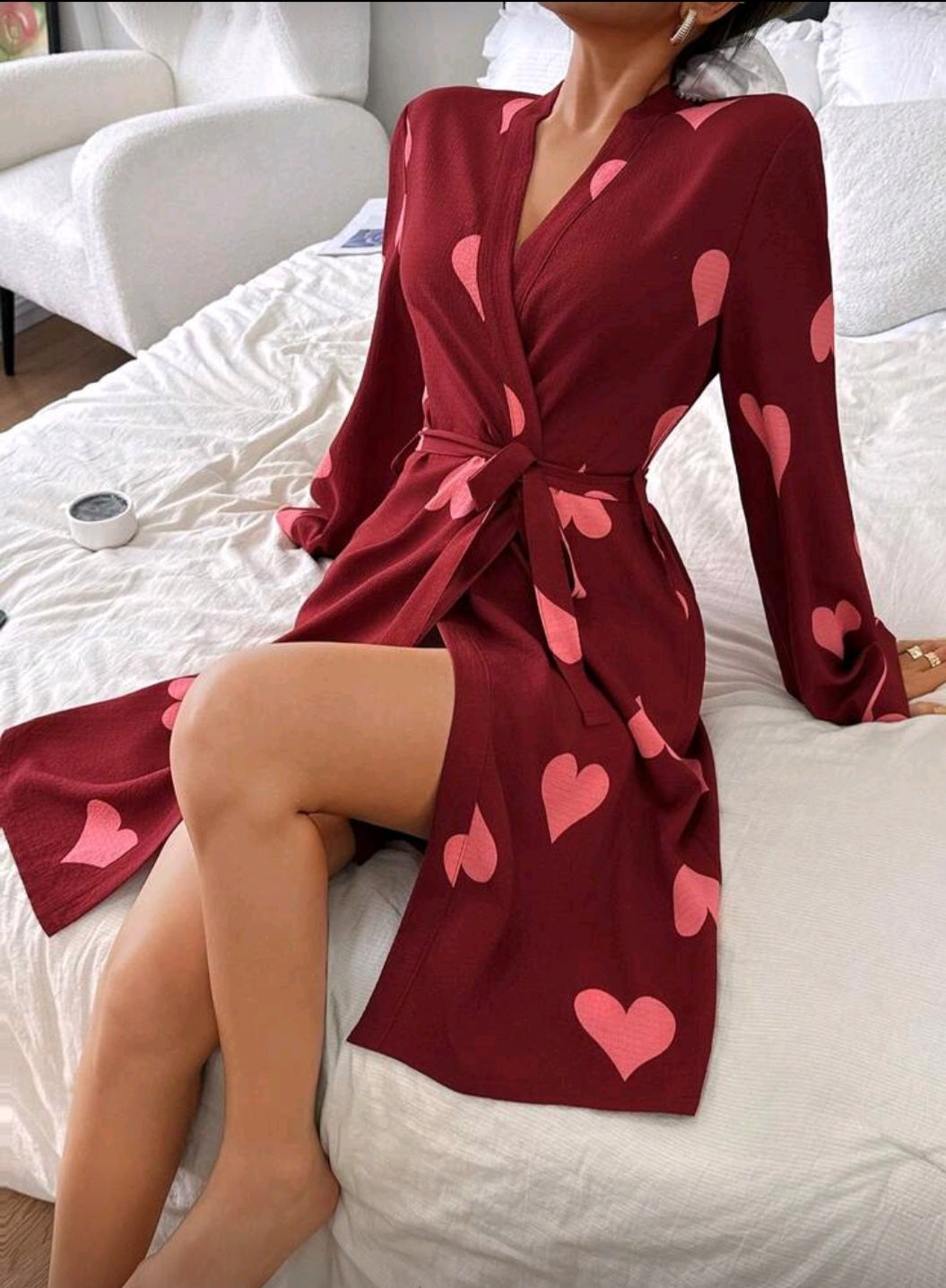 Женский тонкий халат с розовыми сердечками
