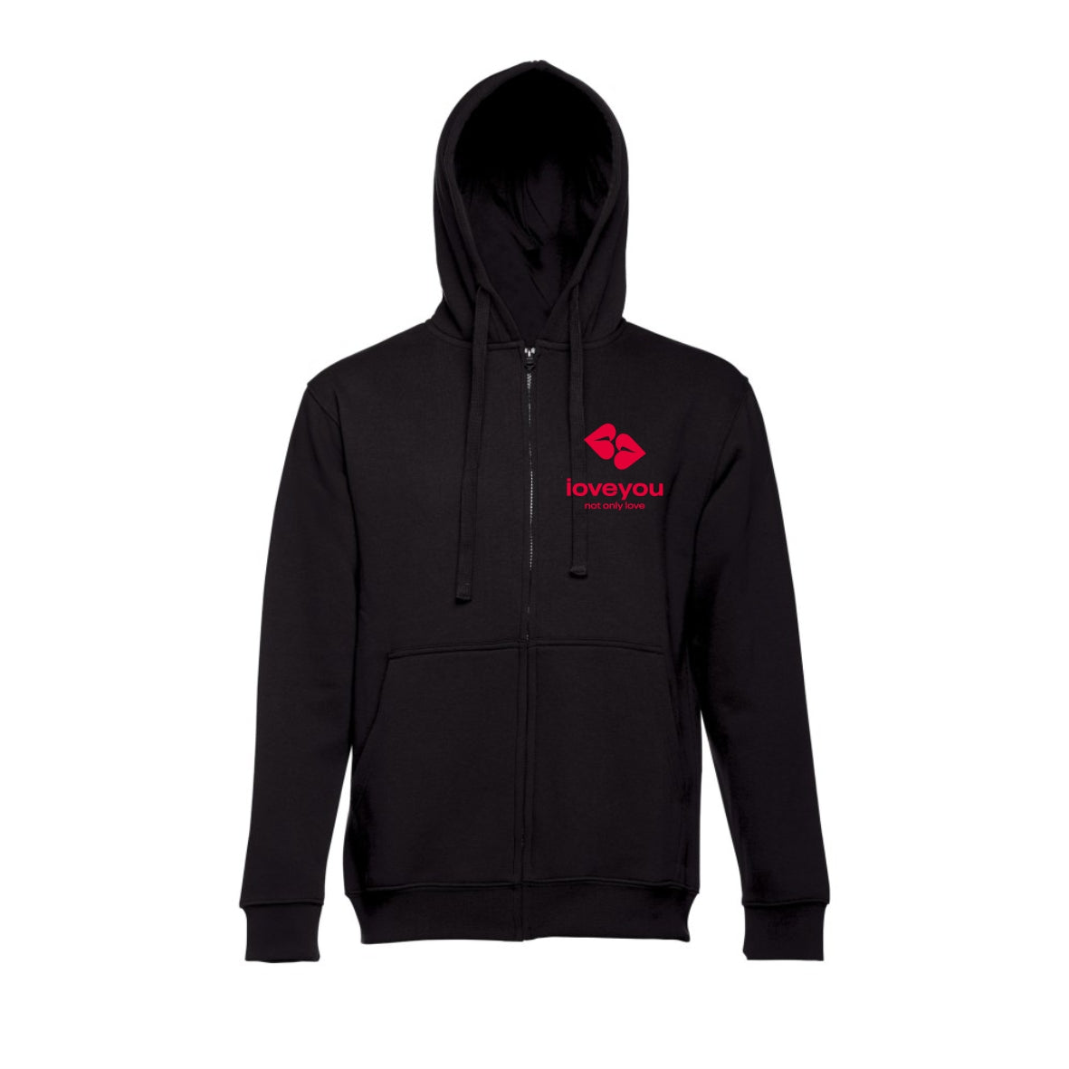 ILOVEYOU džemperis su užtrauktuku, kapišonu, kišenėmis ir logotipu