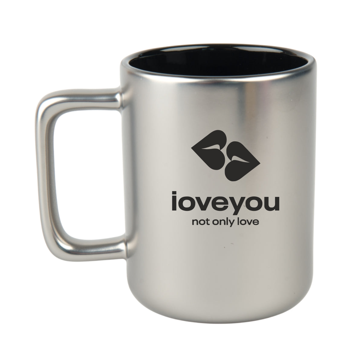 Sidabro spalvos puodelis su ILOVEYOU.lt logotipu